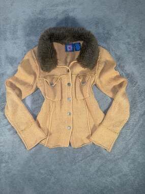 Next Era Faux Fur Collar Knit Cardigan Jacket Size M Tan Y2K